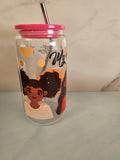 Drinkware-Little Girl / 16oz glass cup / glass cup with bamboo lid and glass straw/ iced coffee cup